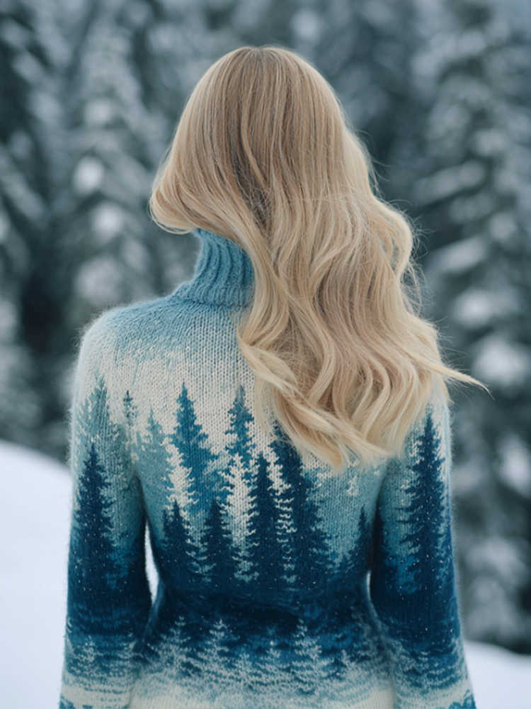 Comstylish Women's Winter Snow And Ice Forest Design High Neck Tight Knit Sweater