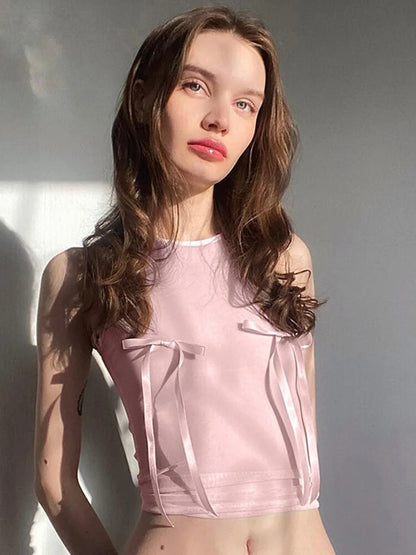 Pink Top Bow Crop Top Female Sleeveless Vests Y2k Fairy Grunge Summer Color Tube Top Baby Tees ’s Clothing