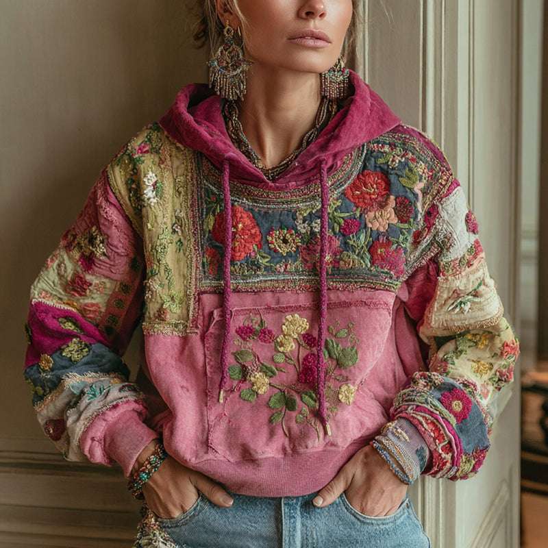 Women's Vintage Bohemian Floral Embroidery Patchwork Casual Hoodie elevenforest