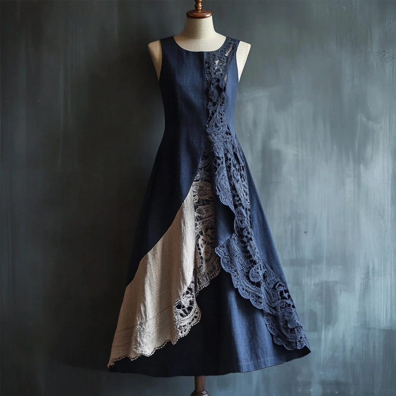 Elegant Lace Patchwork Linen Tank Maxi Dress elevenforest