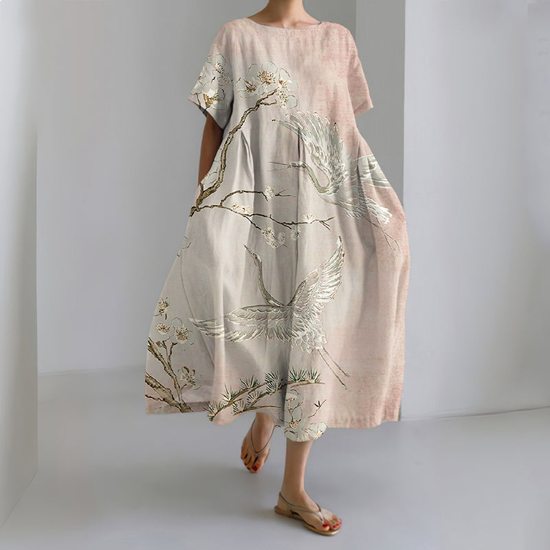 Comstylish Women's Japanese-style Cherry Blossoms Crane Art Casual Dress