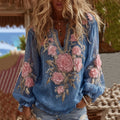 Women's Vintage Pink Floral Art Comfy Linen Blend Shirt elevenforest