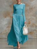 Fashionable Retro Long-sleeved Lake Blue Cotton Chiffon Maxi Dress