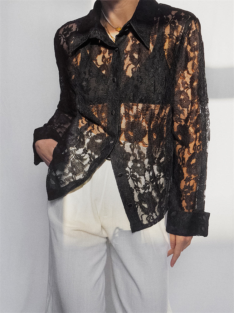 Tossy Lace Printed See-through Shirts for Lapel Hollow Out Long Sleeve Patchwork Cardigan ’s Loose Shirts Summer