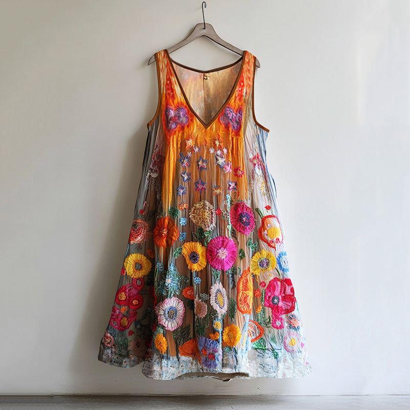 Women's Color Block Rainbow Floral Comfort Contrast Color Dress elevenforest