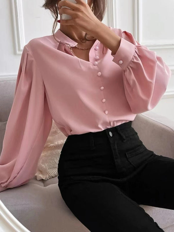 Loose Puff Sleeves Pleated Color Split-joint Stand Collar Blouses