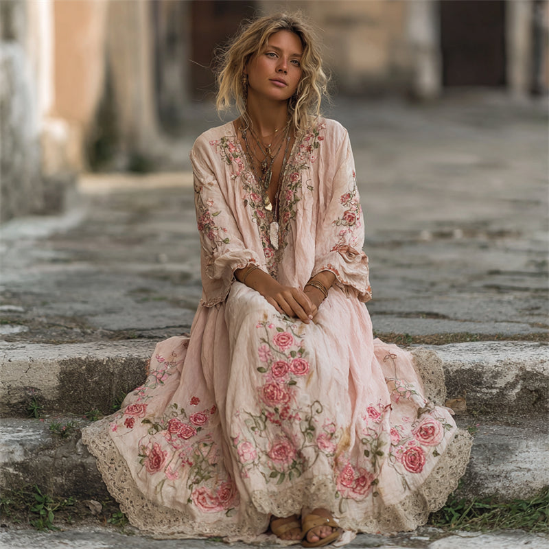 Vintage Pink Roses Vines Embroidered Linen Maxi Dress elevenforest