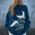 Comstylish Japanese Cranes & Pine Embroidered Cozy Knit Sweater