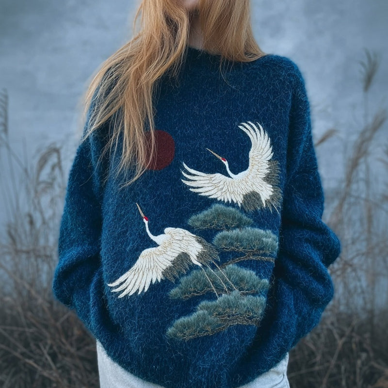 Comstylish Japanese Cranes & Pine Embroidered Cozy Knit Sweater