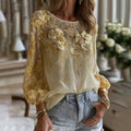 Women's Classic Bohemian Yellow Floral And Gold Roses Embroidery Art  Linen Blend Round Neck T-shirt elevenforest
