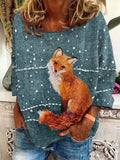 Comstylish Women's Fox Art Print Casual Long Sleeve T-shirt
