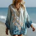Vintage Gradient Marble Texture And  Cherry Blossoms Pattern Linen Dress elevenforest