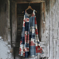 Women's Vintage Independence Day Floral Geometric Art Linen Maxi Dress elevenforest
