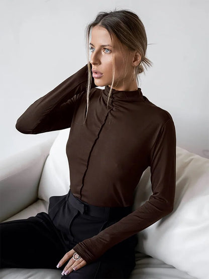 Khaki Basic Tees Elasticity Turtleneck Long Sleeve Pullover Tops Autumn Inner Brown Office