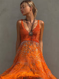 Classy Orange Glitter Sequins Flowy Wide Skirted Dress elevenforest