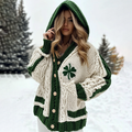 Women's Irish Jacquard Pocket Hooded Aran Sweater elevenforest