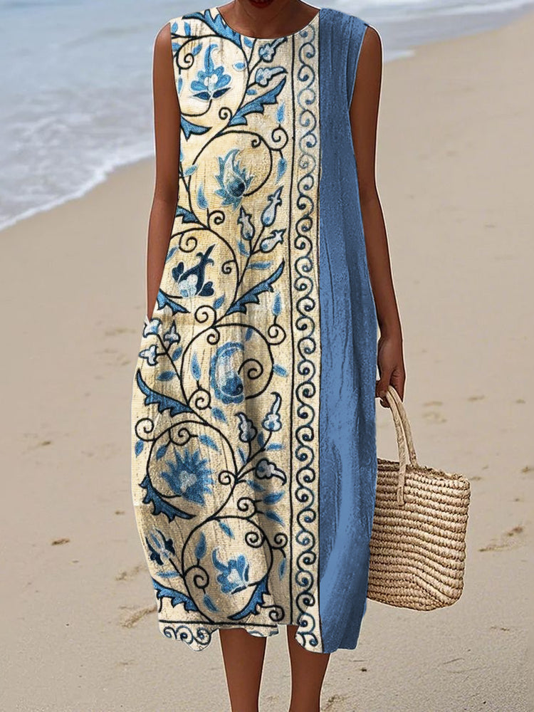Comstylish Ethnic Floral Suzani Embroidered Contrast Linen Midi Dress