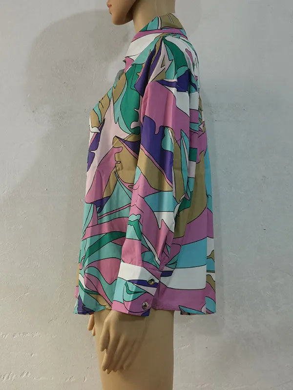 Long Sleeves Loose Contrast Color Printed Lapel Blouses
