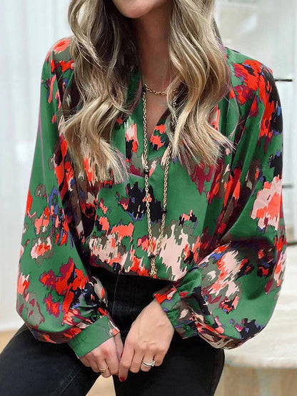 Long Sleeves Loose Printed V-neck Blouses&shirts Tops
