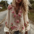 Women's Vintage Rose Floral Embroidery Art Comfy Linen Shirts elevenforest