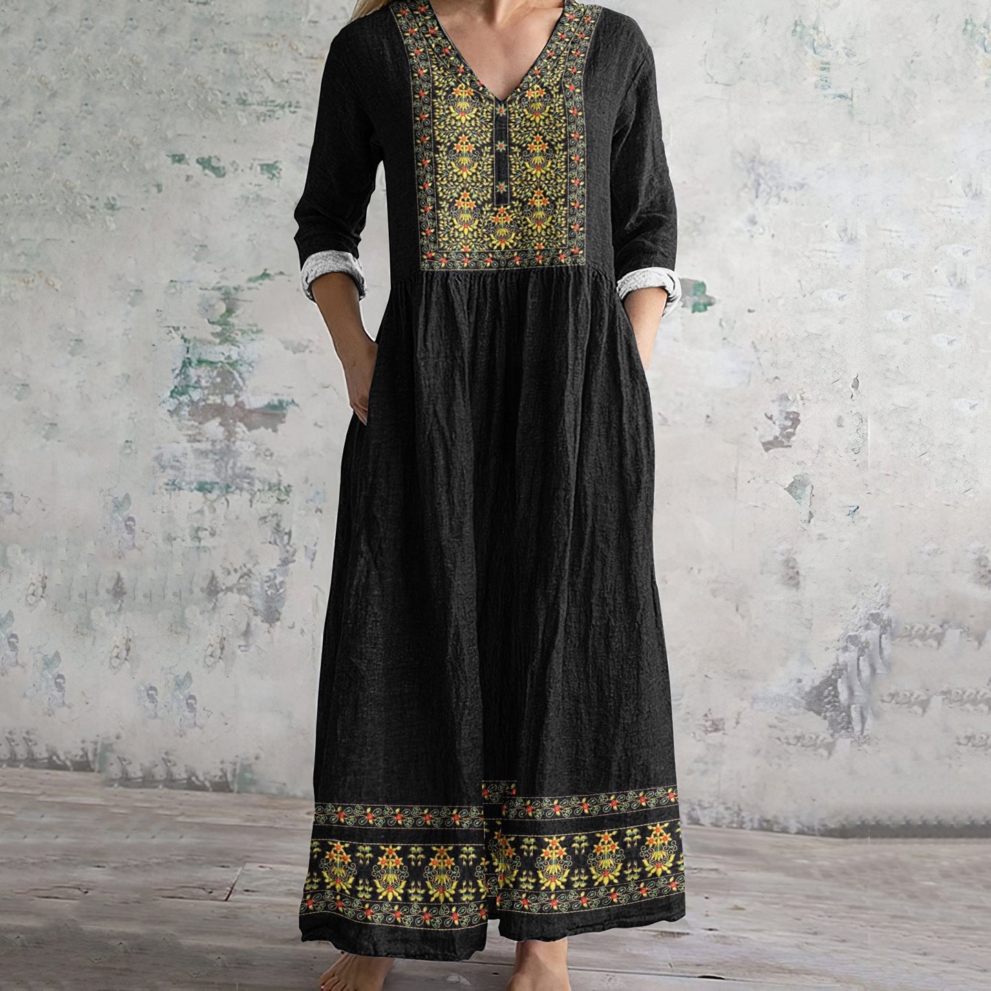 Women's Vintage Tribal Embroidered Casual Linen Dress elevenforest