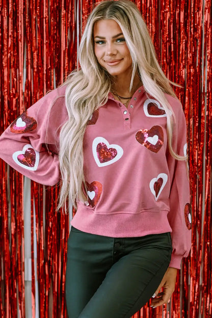 Pink Sequin Heart Collared Sweatshirt