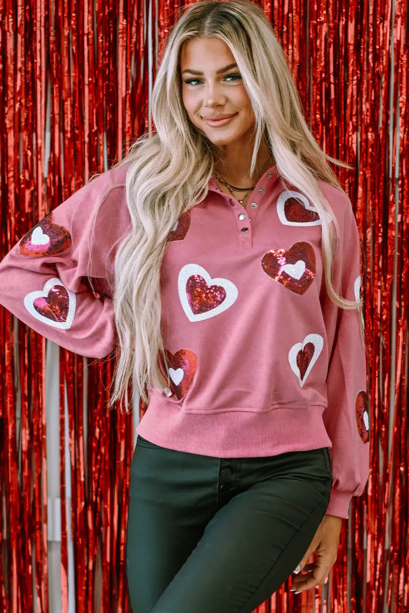 Pink Sequin Heart Collared Sweatshirt