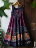 Vintage Boho Floral Embroidered Cozy Linen Midi Dress elevenforest