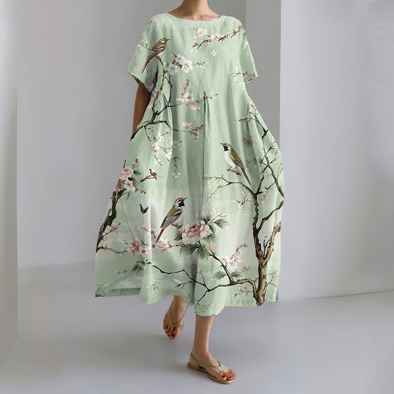 Comstylish Women's Casual Japanese Floral And Bird Art Print Dress