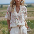 Women's Floral Embroidery V-neck T-shirt elevenforest