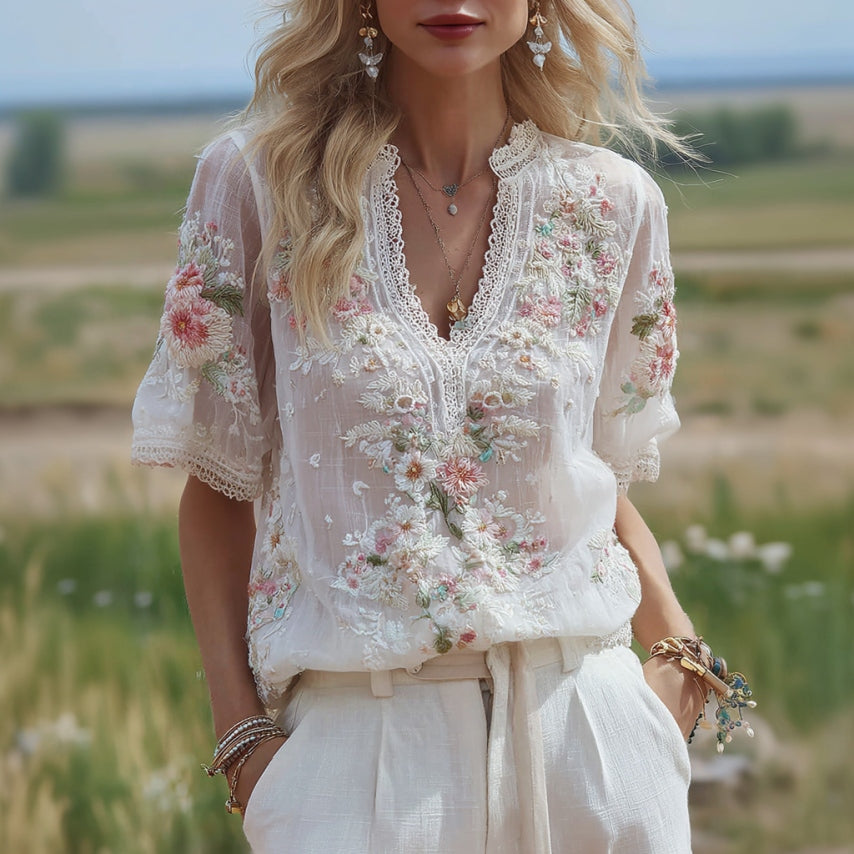 Women's Floral Embroidery V-neck T-shirt elevenforest