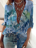 Comstylish Tie Dye Sea Turtle Art Cotton Linen Flowy Shirt