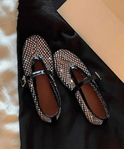 Black Walking Sandals Comfy Splicing Hollow Out Zircon Buckle Strap Aa041