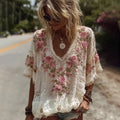 Vintage Pink Rose Embroidery Linen Short Sleeve T-shirt elevenforest