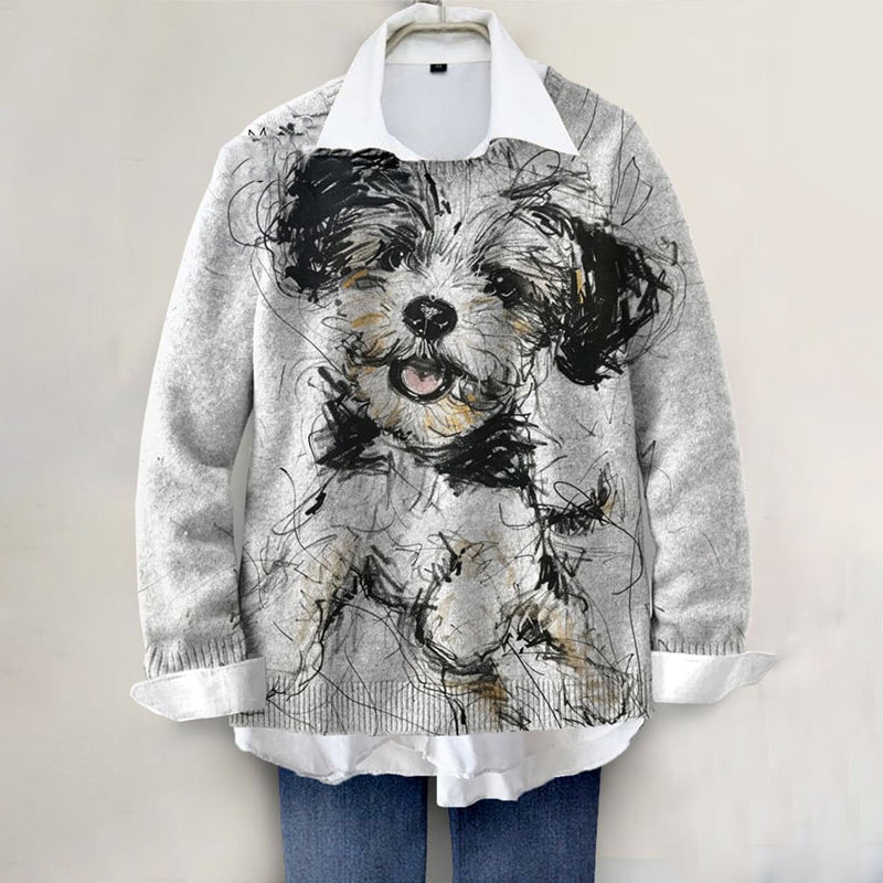 Comstylish Cute Dog Art Print Knit Pullover Sweater