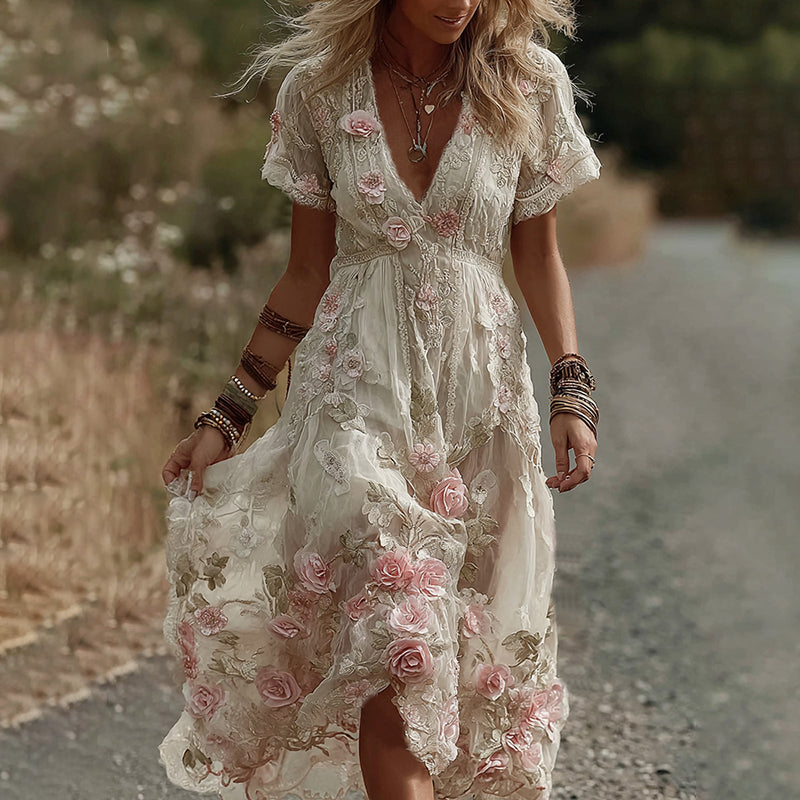 Women's Vintage Floral Embroidery V Neck Maxi Dress elevenforest