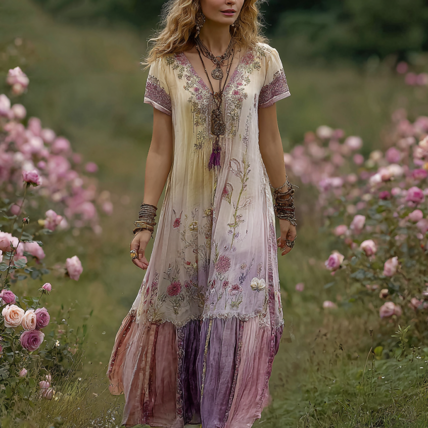 Classy Gradient Purple Lavender And Floral Printed Short Sleeve Maxi Dress elevenforest