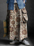 Women's Folk Art Floral Print Casual Cotton and Linen Pocket Skirt