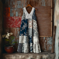 Japanese Art Retro Style Geometric Patchwork Design Lace Patch Women's Cotton And Linen Dress elevenforest