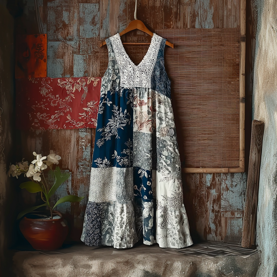 Japanese Art Retro Style Geometric Patchwork Design Lace Patch Women's Cotton And Linen Dress elevenforest