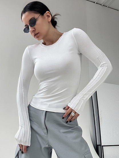White Pleated Classic Basic Knitted Tees Inner Thin Pullover Tops Black Slim Office Lady T-shirts O-neck