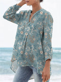 Vintage Petite White Floral Pattern Printed Women's Casual Linen V-neck Shirt