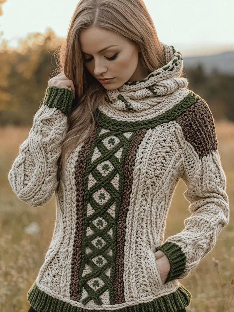 Women's Irish Celtic Knotted Jacquard Pocket Ireland's Hooded Sweater elevenforest