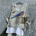 Women's Vintage Striped Butterfly And Bird Art Embroidery Cotton And Linen Shirt elevenforest