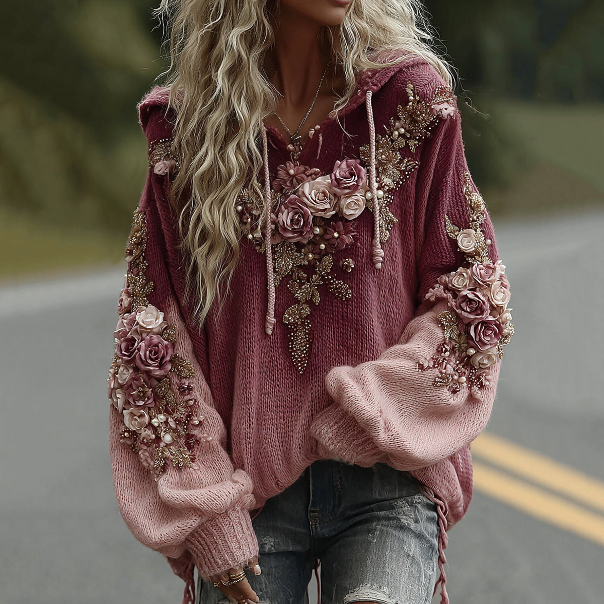 Women's Vintage Pink Rose Embroidery Art Cozy Knit Hooded Sweater elevenforest