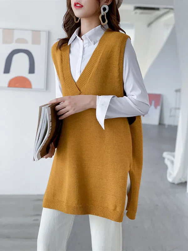 Sleeveless Split-side Color V-neck Knitted Vest