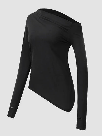 Stylish Color One-shoulder Long Sleeves T-shirt Top