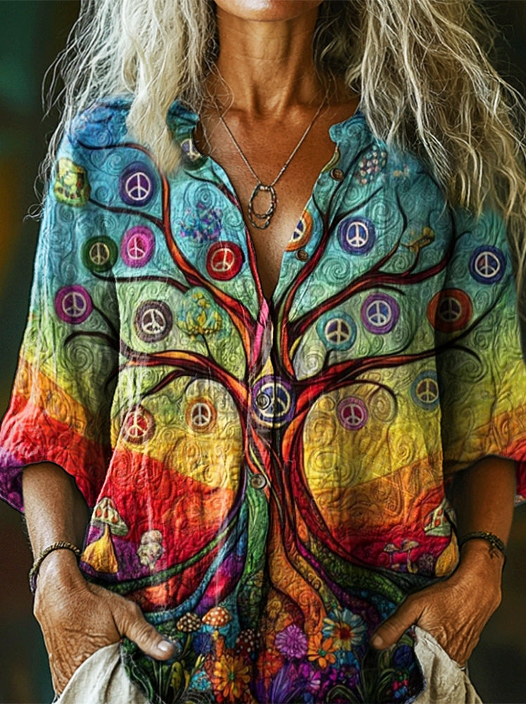 Women's Rainbow Hippie Peace Tree of Life Art Pattern Print Casual Cot
