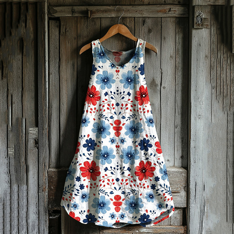 Vintage Loose Independence Day American Floral Patriotic Fourth Of July Art Linen Tank Dress elevenforest