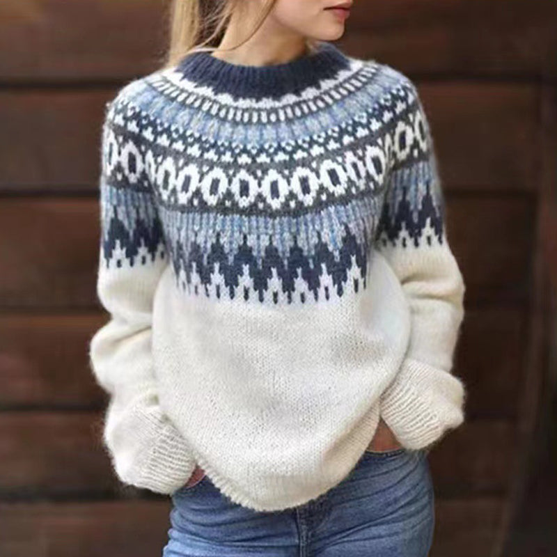 Vintage Loose Contrast Jacquard Turtleneck Sweater elevenforest